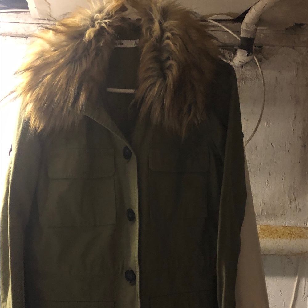 JustFab Olive Green Utility Jacket with Faux Fur Collar